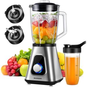 imageSHARDOR 1200W Blender for Shakes and Smoothies Countertop Blender and Personal Blender Combo 52oz Glass Jar 22oz Travel Cup 3 Adjustable Speed for Frozen Fruit Drinks Smoothies Sauces Silver