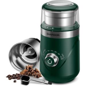 imageSHARDOR Adjustable Coffee Grinder Electric Super Silent Electric Coffee Bean Grinder with TimeMemory Adjustment and MultiFunctional Stainless Steel Cup for Spices Herbs and Nuts Grinding GrayGreen