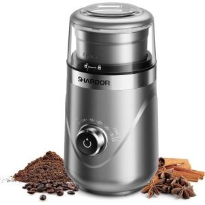 imageSHARDOR Adjustable Coffee Grinder Electric Super Silent Electric Coffee Bean Grinder with TimeMemory Adjustment and MultiFunctional Stainless Steel Cup for Spices Herbs and Nuts Grinding GraySilver