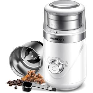 imageSHARDOR Adjustable Coffee Grinder Electric Super Silent Electric Coffee Bean Grinder with TimeMemory Adjustment and MultiFunctional Stainless Steel Cup for Spices Herbs and Nuts Grinding GrayWhite