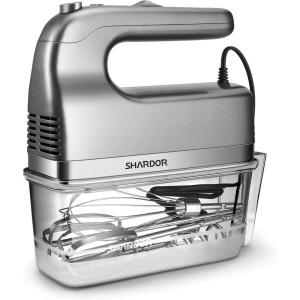 imageSHARDOR Hand Mixer 350W Handheld Mixer with Storage Case 5Speed Plus Turbo Hand Mixer Electric With 5 Stainless Steel Attachments2 Beaters 2 Dough Hooks and 1 Whisk Silver