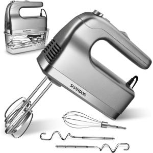 imageSHARDOR Hand Mixer 450W Handheld Mixer with Storage Case 5Speed Plus Turbo Hand Mixer Electric With 5 Stainless Steel Attachments2 Beaters 2 Dough Hooks and 1 Whisk Silver