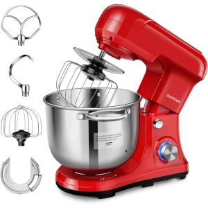 imageSHARDOR Stand Mixer 6Speed with Pulse TiltHead Food Mixer Kitchen Electric Mixer with Dough Hook Wire Whip ampamp Beater 48 QT Stainless Steel Bowl Splash Guard RED