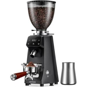 imageSHARDOR 64mm Flat Burr Commercial Coffee Grinder Precision 100Level Grind Settings LED Touchscreen Interface DieCast Aluminum Housing 176oz Hopper AntiStatic Technology