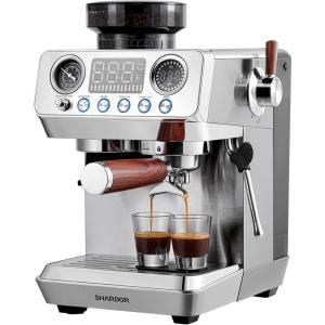 imageSHARDOR 20 Bar Espresso Machine with Builtin Grinder and Professional Steam Wand 52mm Portafilter 45 Precise Grind Settings Stainless Steel AllinOne Coffee Maker for Home Use
